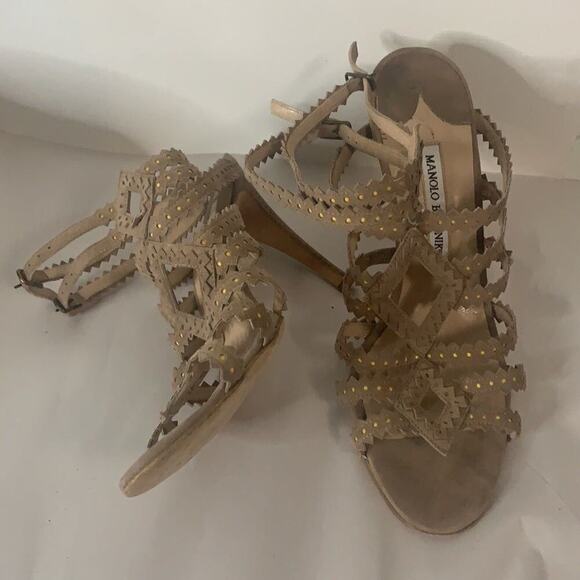 MANOLO BLAHNIK TAN‎ CAGE SUEDE SANDALS SIZE 39 - Picture 2 of 8